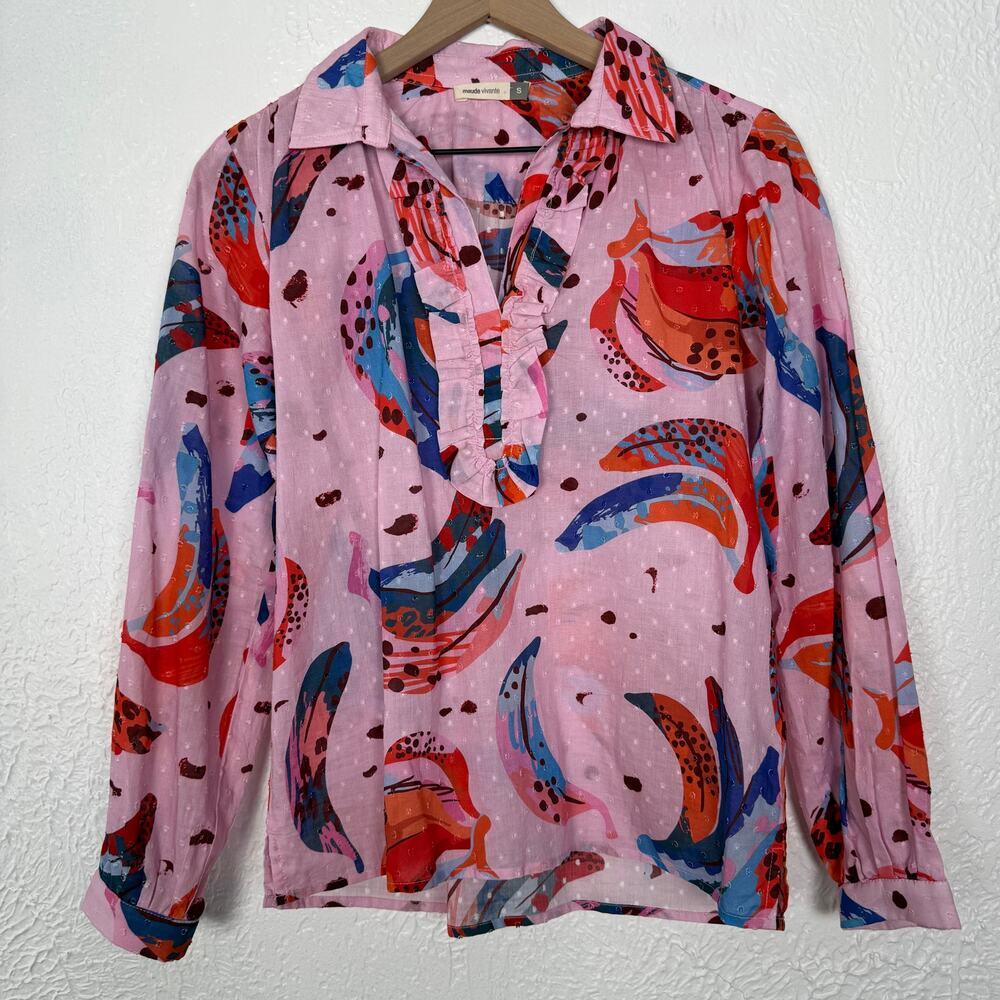 Maude Vivante Ruth Abstract Banana Swiss Dot Ruffle Popover Top Size Small